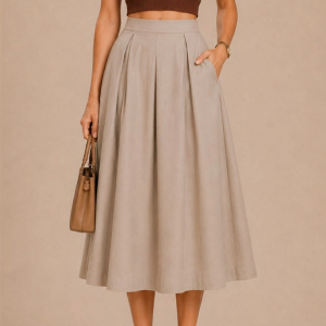 Women Solid Pleated Midi Skirt