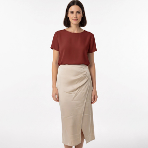Women Satin Draped Front Slit Midi Wrap Skirt