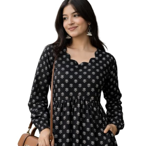 Rayon Black Floral Block Print Kurti, Scallop Neckline, Full Sleeves, Gathered Fit