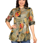 Fashion is my style Rayon Abstract Printed Short Kurti for Women, Tunics Tops, Ethnic Wear for Office, Flared, Mandarin Collar V Neck, Roll-Up Sleeve
