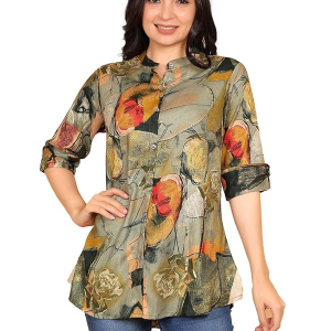 Fashion is my style Rayon Abstract Printed Short Kurti for Women, Tunics Tops, Ethnic Wear for Office, Flared, Mandarin Collar V Neck, Roll-Up Sleeve