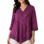 Women's Embroidered Tunic Top, V-Neck, 3/4 Sleeves, Asymmetric Hem, Lace Detail