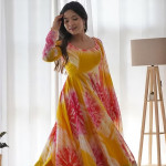 Abstract Printed Empire Organza Kurta With Trousers & Dupatta