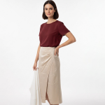 Women Satin Draped Front Slit Midi Wrap Skirt