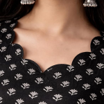 Rayon Black Floral Block Print Kurti, Scallop Neckline, Full Sleeves, Gathered Fit