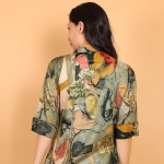Fashion is my style Rayon Abstract Printed Short Kurti for Women, Tunics Tops, Ethnic Wear for Office, Flared, Mandarin Collar V Neck, Roll-Up Sleeve