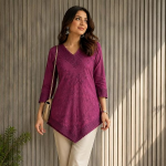 Women's Embroidered Tunic Top, V-Neck, 3/4 Sleeves, Asymmetric Hem, Lace Detail