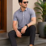 Men Solid Polo Neck Polyester Grey T-Shirt