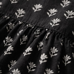 Rayon Black Floral Block Print Kurti, Scallop Neckline, Full Sleeves, Gathered Fit