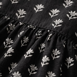 Rayon Black Floral Block Print Kurti, Scallop Neckline, Full Sleeves, Gathered Fit