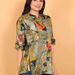 Fashion is my style Rayon Abstract Printed Short Kurti for Women, Tunics Tops, Ethnic Wear for Office, Flared, Mandarin Collar V Neck, Roll-Up Sleeve
