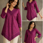 Women's Embroidered Tunic Top, V-Neck, 3/4 Sleeves, Asymmetric Hem, Lace Detail