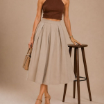 Women Solid Pleated Midi Skirt