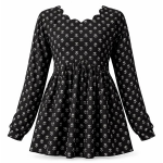 Rayon Black Floral Block Print Kurti, Scallop Neckline, Full Sleeves, Gathered Fit