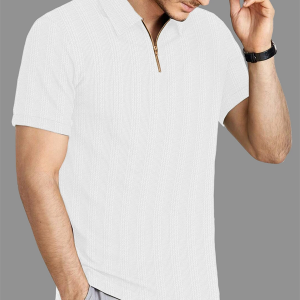Men Self Design Zip Neck Polyester White T-Shirt