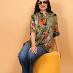 Fashion is my style Rayon Abstract Printed Short Kurti for Women, Tunics Tops, Ethnic Wear for Office, Flared, Mandarin Collar V Neck, Roll-Up Sleeve