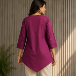 Women's Embroidered Tunic Top, V-Neck, 3/4 Sleeves, Asymmetric Hem, Lace Detail